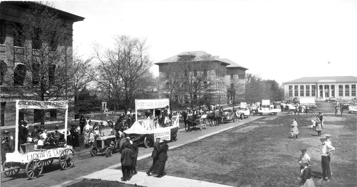 Aerial photo of the East Campus Mall during a parade, circa 1940.
